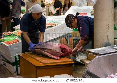  Kanazawa - Japan, June 10, 2017: Fresh tuna fish is prepared at the Omicho Market 