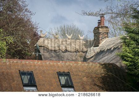 Contrast of ancient ornate thatched roof and modern tiled roof
