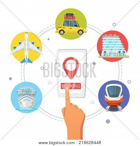 Vector cartoon style illustration of Travel and tourism concept. Concept design of advertisement poster with colorful icons of transport and vacation. Booking transport and hotel.
