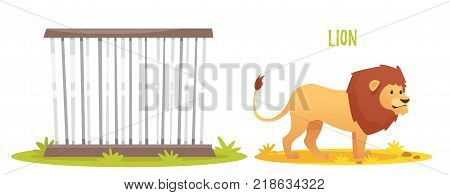 Vector cartoon style illustration of wild lion. Zoo cage. isolated on white background.