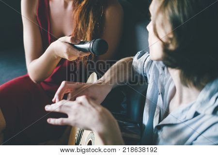 musician giving interview. famous person celebrity lifestyle. talent show publicity concept