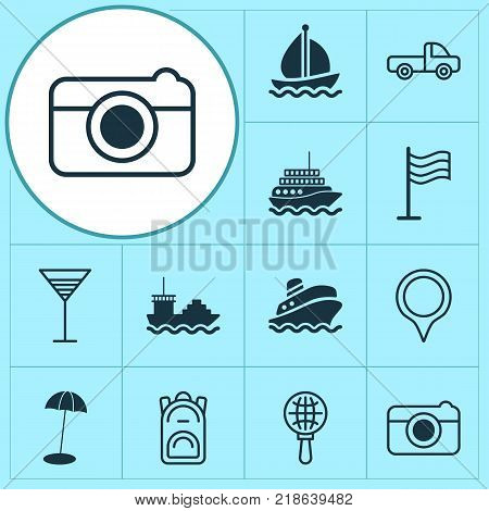 Tourism icons set with cargo boat, globe search, aperitif and other aperitif elements. Isolated vector illustration tourism icons.