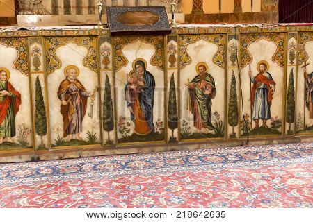 VAGHARSHAPAT ARMENIA - SEPTEMBER 17 2017: Inside one of the oldest Etchmiadzin Cathedrals in the world. It has unique architectural style and design. Catedral and Altar