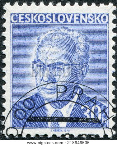 CZECHOSLOVAKIA - CIRCA 1975: A stamp printed in the Czechoslovakia shows the president of Czechoslovakia Gustav Husak circa 1975