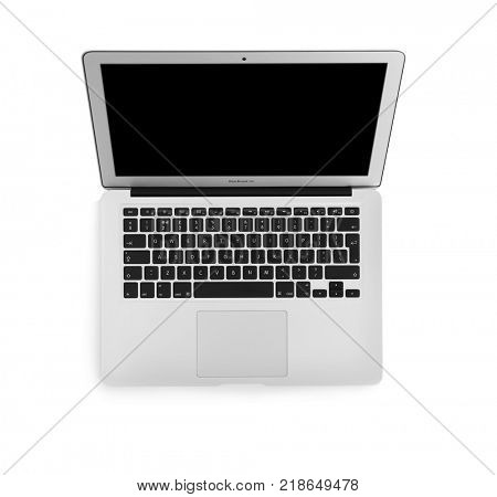 KYIV, UKRAINE - OCTOBER 27, 2017: Apple MacBook Air Silver on white background, top view