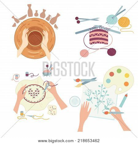 Arts and crafts. Hobby activities. Hands doing various workshops including pottery, needlework or sewing, fancywork and painting. Images of four different hobbies isolated on white background