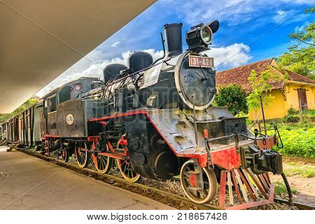 Da lat, Viet Nam - November 27th, 2017: Ancient railway station is famous place, history destination for traveller, french architecture, antique train tranport tourist to visit in Da lat, Vietnam