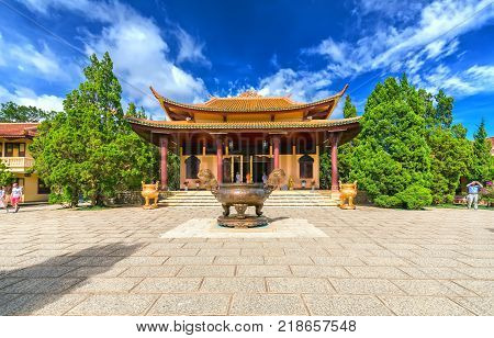 Da lat, Viet Nam - November 27th, 2017: Truc Lam monastery is an ancient temple to attract tourists. It is also a Buddhist spiritual culture in the tourist city in Da lat, Vietnam