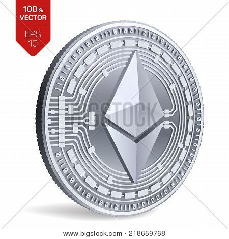 Ethereum. 3D isometric Physical coin. Digital currency. Cryptocurrency. Silver coin with ethereum symbol isolated on white background. Vector illustration
