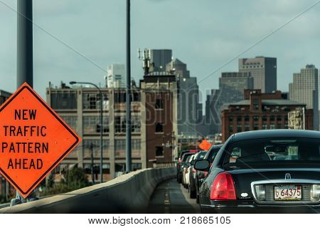 Boston, MA, USA 05.09.2017 - Skyscrapers Skyline with daily car traffic on the road