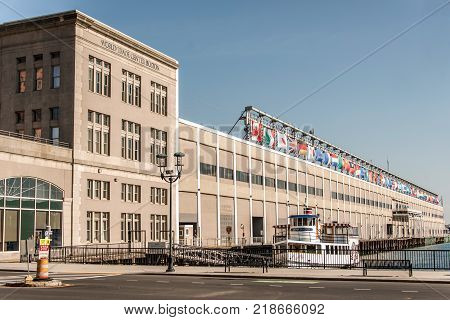 BOSTON, USA - 05.09.2017 Seaport World Trade Center in Boston The building is located on the Boston waterfront at Commonwealth Pier, in the South Boston neighborhood