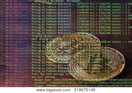 Image of the program code showing the process of mining the crypto currency in the background of the image with bitcoin