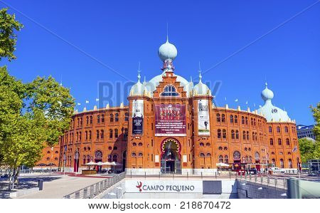 LISBON, PORTUGAL - SEPTEMBER 13, 2017 Campo Pequeno Bullring Bullfight Arena Lisbon Portugal. Builit in the late 1800s. Bulls are not killed i Portuguese bullfights