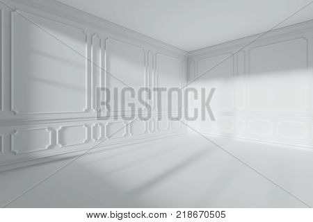 Simple empty white room corner interior with sunlight from window with white decorative classic style molding frames on walls with flat ceiling floor and baseboard 3d illustration.