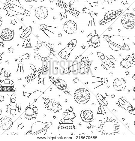 Seamless pattern on the theme of space and space flight the dark contour icons on white background