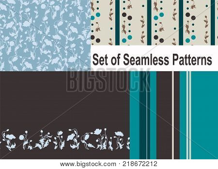 Set of 4 seamless patterns. First is with poppy silhouettes with 1400x1100 size second with circles is 1960x700 size third is stripe line of poppies inside with 2000x1360 size and forth with stripes is 1360x1360 px