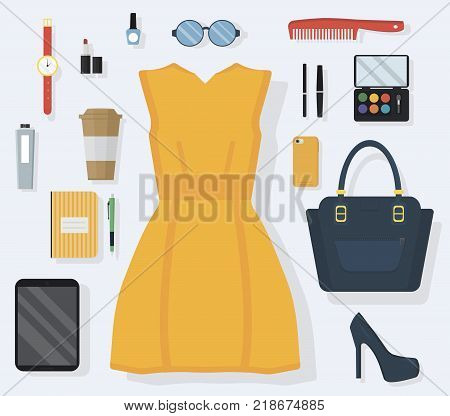 Stylish concept of every day carry and outfit accessories for women in flat style. Vector illustration.