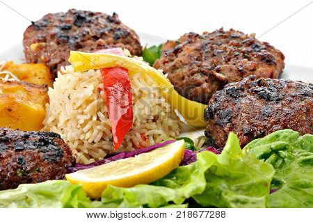 Greek Burger Plate	with rice and fried potatoes