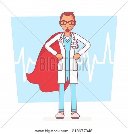 Super male doctor. Best trained, qualified clinic physician, hospital superhero with extraordinary or superhuman powers to save. Medicine and healthcare concept. Vector line art illustration