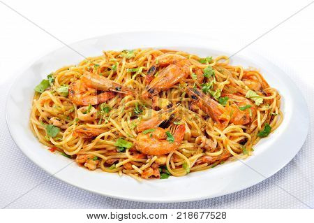 Pastas with shrimps squids and tomato sauce