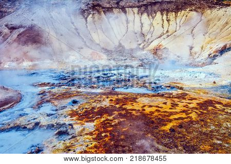 Fumarole field in Namafjall, Iceland. Geothermal beauty landscape.