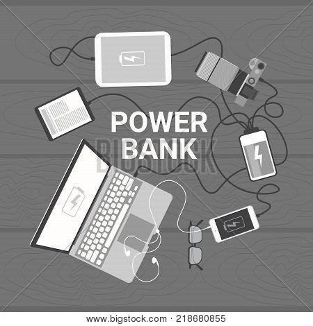Modern Devices Charging From Power Bank Top Andle View, Portable Battery Mobile Charger Concept Vector Illustration
