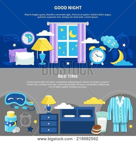 Good night 2 flat horizontal bedtime banners with bed pajama nightstand lamp and alarm clock vector illustration