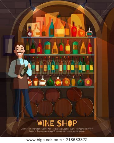 Wine shop with wine collection and variety symbols flat vector illustration