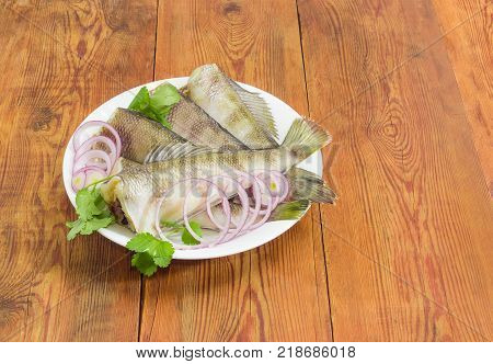 Several uncooked carcasses of the notothenia fish without of the heads cilantro twigs and round slices of red onion on a white dish on an old rustic wooden table