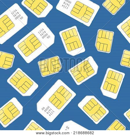 Realistic 3d Detailed White Sim Card Seamless Pattern Background on a Blue Mobile Phone Service Concept. Vector illustration of Simcards