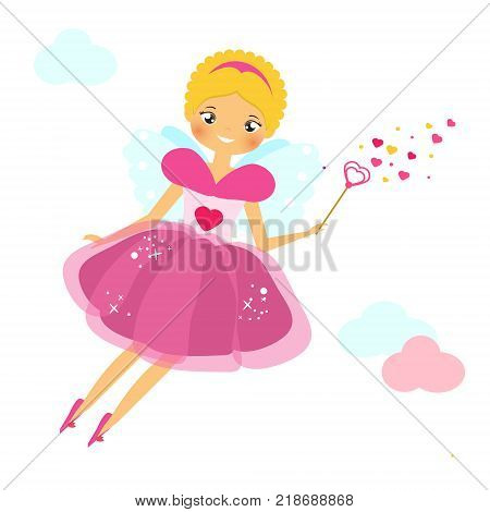Beautiful Cupid girl spreading love dust. Winged flying fairy in pink dress flapping wand. Valentines day romantic character. Vector illustration greeting card