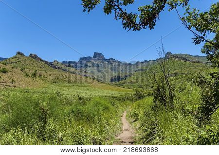 Path, walk to Thukela waterfall in Royal Natal Park Drakensberg mountain, South Africa