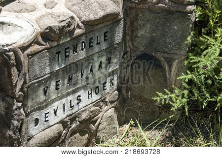 Stonesign for Thukela gorge in Royal Natal Park Drakensberg mountain, South Africa