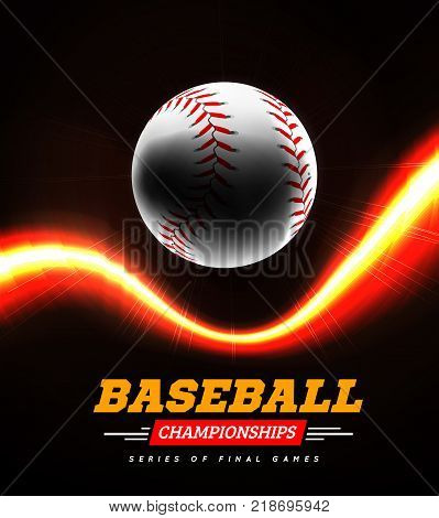 Baseball in the backlight on a black background with a flight path in the form of a light beam. Vector illustration