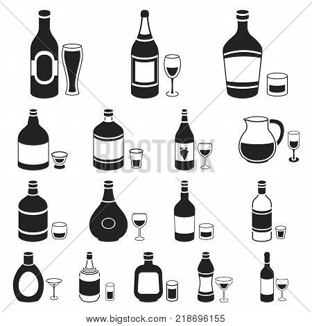 Types of alcohol black icons in set collection for design. Alcohol in bottles vector symbol stock  illustration.