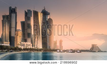 The skyline of West Bay and Doha City Center during sunrise, Qatar