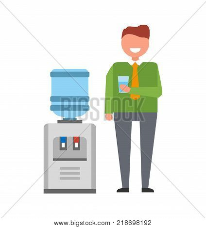 Smiling man with glass of water standing near watercooler. Vector illustration of office worker in bright colors isolated on white background