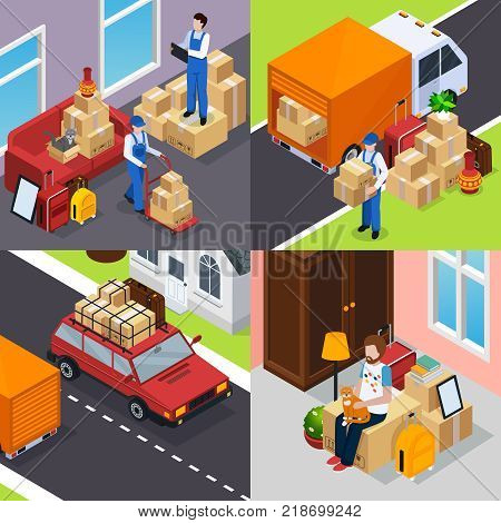 Relocation isometric concept with company workers, person with home stuffs waiting for moving, vehicles isolated vector illustration