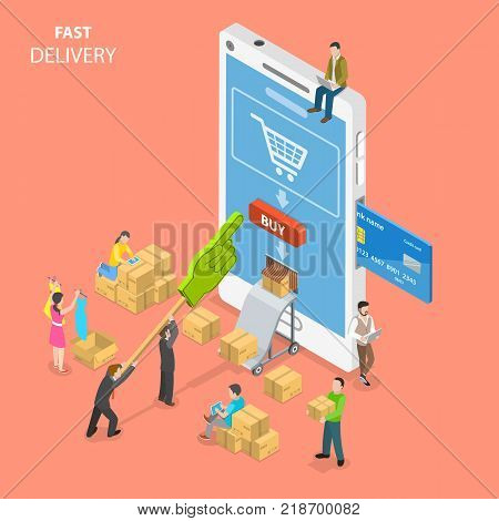 Fast delivery flat isometric vector concept. People are around a huge smartphone buying some goods at online store and get them immediately from the delivery hole in the phone screen.