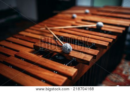Xylophone closeup, wooden percussion instrument