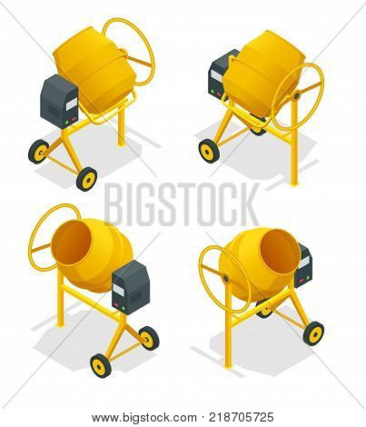 Isometric set of Concrete mixer icon for web. Cement mixer vector, pouring cement isolated white background