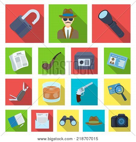 Detective and Attributes flat icons in set collection for design.Detective Agency vector symbol stock  illustration.