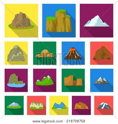 Different mountains flat icons in set collection for design.Mountains and landscape vector symbol stock  illustration.