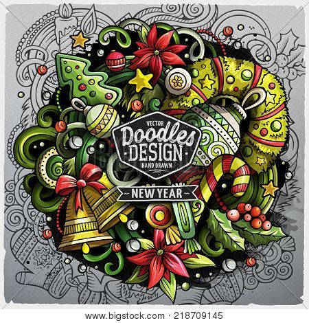 Cartoon vector doodles New Year illustration. Colorful, detailed, with lots of objects background. All objects separate. Christmas funny grunge artwork