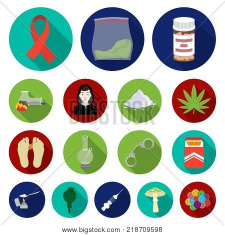 Drug addiction and attributes flat icons in set collection for design. Addict and Drug vector symbol stock  illustration.
