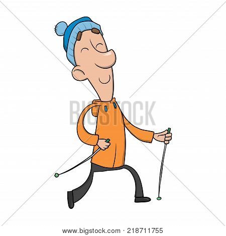 Funny smiling man in sandy hoodie practices Nordic walking with poles. Cartoon character vector illustration. Isolated image on white background.