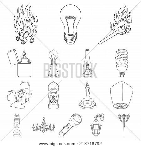 Light source outline icons in set collection for design. Light and equipment vector symbol stock  illustration.