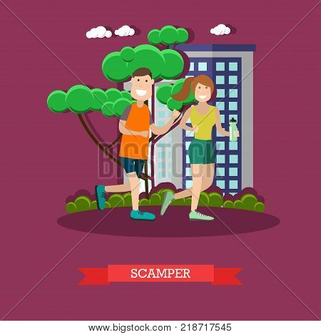 Vector illustration of young man and woman jogging in the park. Scamper concept flat style design element.