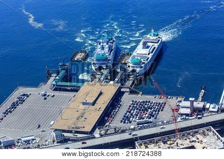 View of Seattle, Washington ferries in Puget Sount from Above.