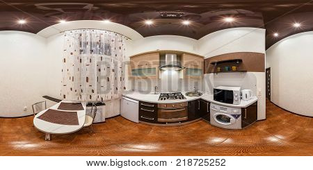 GRODNO BELARUS - NOVEMBER 12 2012: Full spherical 360 degrees panorama in equirectangular equidistant projection seamless panorama of kitchen interior Scandinavian minimalist style design VR content